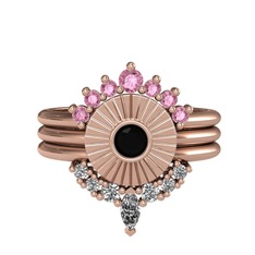 Minimal Tria Cora Yüzük - Pembe kuvars, siyah zirkon ve swarovski 18 ayar rose altın yüzük #s7w4re