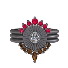 Minimal Tria Cora Yüzük - Rodolit garnet, pırlanta ve dumanlı kuvars 925 ayar siyah rodyum kaplama gümüş yüzük (0.16 karat) #saclw8