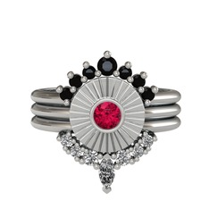 Siyah zirkon, rodolit garnet ve swarovski 18 ayar beyaz altın yüzük