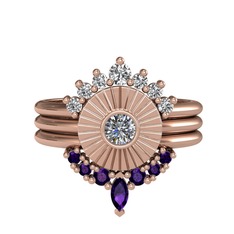 Minimal Tria Cora Yüzük - Swarovski, pırlanta ve ametist 8 ayar rose altın yüzük (0.16 karat) #t2phu4