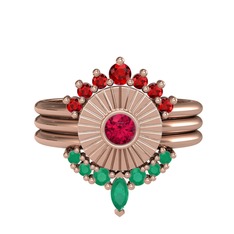 Garnet, rodolit garnet ve kök zümrüt 14 ayar rose altın yüzük