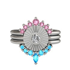 Minimal Tria Cora Yüzük - Pembe kuvars, swarovski ve akuamarin 18 ayar beyaz altın yüzük #tas0a7
