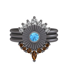 Minimal Tria Cora Yüzük - Swarovski, akuamarin ve dumanlı kuvars 925 ayar siyah rodyum kaplama gümüş yüzük #tbl2q2