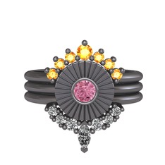 Minimal Tria Cora Yüzük - Sitrin, pembe kuvars ve swarovski 925 ayar siyah rodyum kaplama gümüş yüzük #tcd3to