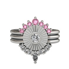 Pembe kuvars ve beyaz zirkon 18 ayar beyaz altın yüzük