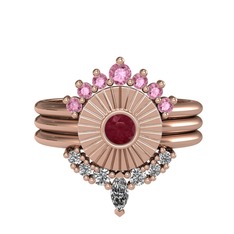 Minimal Tria Cora Yüzük - Pembe kuvars, kök yakut ve swarovski 18 ayar rose altın yüzük #tmiv9x