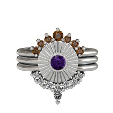 Minimal Tria Cora Yüzük - Dumanlı kuvars, ametist ve swarovski 8 ayar beyaz altın yüzük #tqp602