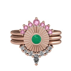 Minimal Tria Cora Yüzük - Pembe kuvars, kök zümrüt ve swarovski 18 ayar rose altın yüzük #tt630o