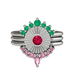 Kök zümrüt, rodolit garnet ve pembe kuvars 8 ayar beyaz altın yüzük