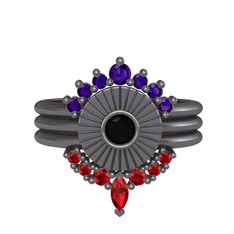 Ametist, siyah zirkon ve garnet 925 ayar siyah rodyum kaplama gümüş yüzük