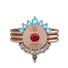 Akuamarin, garnet ve swarovski 8 ayar rose altın yüzük