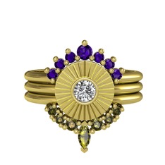 Minimal Tria Cora Yüzük - Ametist, swarovski ve peridot 14 ayar altın yüzük #ugzo8x