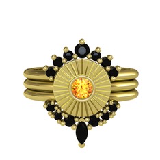 Minimal Tria Cora Yüzük - Siyah zirkon ve sitrin 8 ayar altın yüzük #uww9sq
