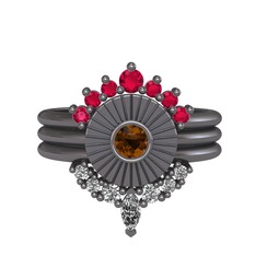 Minimal Tria Cora Yüzük - Rodolit garnet, dumanlı kuvars ve beyaz zirkon 925 ayar siyah rodyum kaplama gümüş yüzük #v0u51v
