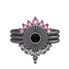 Minimal Tria Cora Yüzük - Pembe kuvars, siyah zirkon ve beyaz zirkon 925 ayar siyah rodyum kaplama gümüş yüzük #v19f9e