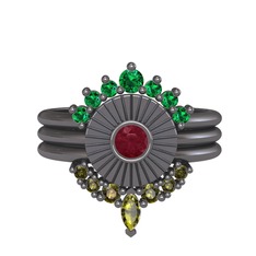 Minimal Tria Cora Yüzük - Yeşil kuvars, kök yakut ve peridot 925 ayar siyah rodyum kaplama gümüş yüzük #v1vjqz