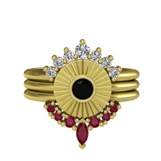 Minimal Tria Cora Yüzük - Swarovski, siyah zirkon ve kök yakut 8 ayar altın yüzük #v3jdbf