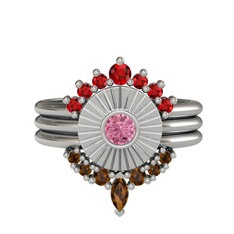 Minimal Tria Cora Yüzük - Garnet, pembe kuvars ve dumanlı kuvars 8 ayar beyaz altın yüzük #vklzrl