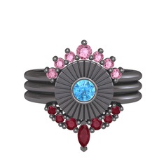 Minimal Tria Cora Yüzük - Pembe kuvars, akuamarin ve kök yakut 925 ayar siyah rodyum kaplama gümüş yüzük #vu3m6m