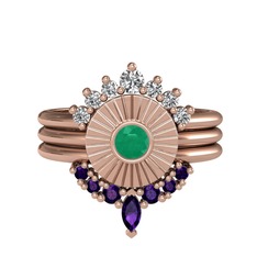 Minimal Tria Cora Yüzük - Swarovski, kök zümrüt ve ametist 18 ayar rose altın yüzük #w2y2ep