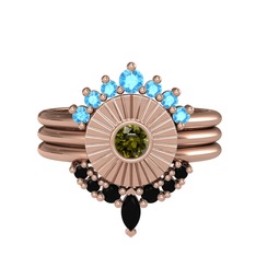 Akuamarin, peridot ve siyah zirkon 8 ayar rose altın yüzük