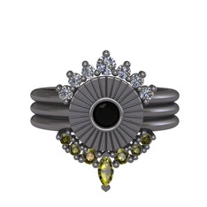 Minimal Tria Cora Yüzük - Pırlanta, siyah zirkon ve peridot 925 ayar siyah rodyum kaplama gümüş yüzük (0.42 karat) #wmghrn