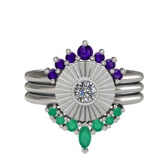 Minimal Tria Cora Yüzük - Ametist, pırlanta ve kök zümrüt 14 ayar beyaz altın yüzük (0.16 karat) #wovn15