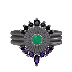 Minimal Tria Cora Yüzük - Siyah zirkon, kök zümrüt ve ametist 925 ayar siyah rodyum kaplama gümüş yüzük #wtkdxh