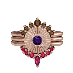 Minimal Tria Cora Yüzük - Dumanlı kuvars, ametist ve rodolit garnet 18 ayar rose altın yüzük #xg36wu