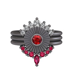 Minimal Tria Cora Yüzük - Swarovski, garnet ve rodolit garnet 925 ayar siyah rodyum kaplama gümüş yüzük #xvz1w5