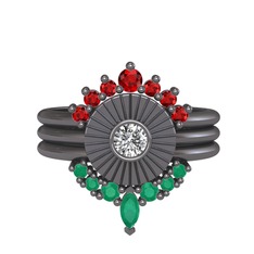 Minimal Tria Cora Yüzük - Garnet, swarovski ve kök zümrüt 925 ayar siyah rodyum kaplama gümüş yüzük #xw6kc4