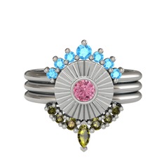 Minimal Tria Cora Yüzük - Akuamarin, pembe kuvars ve peridot 8 ayar beyaz altın yüzük #y9ws27