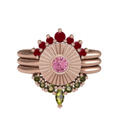 Minimal Tria Cora Yüzük - Kök yakut, pembe kuvars ve peridot 8 ayar rose altın yüzük #yc8u05