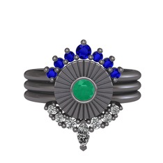 Minimal Tria Cora Yüzük - Lab safir, kök zümrüt ve swarovski 925 ayar siyah rodyum kaplama gümüş yüzük #ykas2