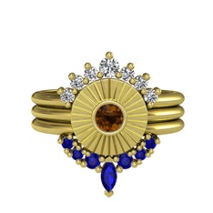 Minimal Tria Cora Yüzük - Swarovski, dumanlı kuvars ve lab safir 14 ayar altın yüzük #yq1sv0