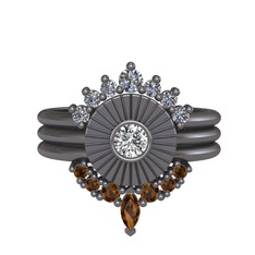 Minimal Tria Cora Yüzük - Pırlanta, swarovski ve dumanlı kuvars 925 ayar siyah rodyum kaplama gümüş yüzük (0.42 karat) #yvpqx1