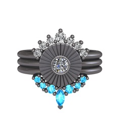 Minimal Tria Cora Yüzük - Swarovski, pırlanta ve akuamarin 925 ayar siyah rodyum kaplama gümüş yüzük (0.16 karat) #z1bkfl