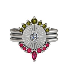 Minimal Tria Cora Yüzük - Peridot, pırlanta ve rodolit garnet 14 ayar beyaz altın yüzük (0.16 karat) #z8ags2