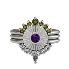 Minimal Tria Cora Yüzük - Peridot, ametist ve beyaz zirkon 14 ayar beyaz altın yüzük #z9uo3n