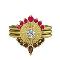 Rodolit garnet, beyaz zirkon ve dumanlı kuvars 18 ayar altın yüzük