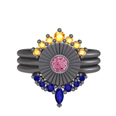 Minimal Tria Cora Yüzük - Sitrin, pembe kuvars ve lab safir 925 ayar siyah rodyum kaplama gümüş yüzük #zxqe0c