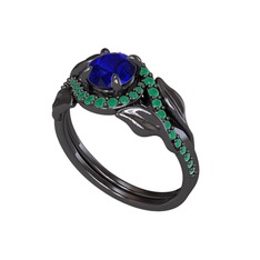 İkili Vigo Yaprak Yüzük - Lab safir ve kök zümrüt 925 ayar siyah rodyum kaplama gümüş yüzük #10i98ho