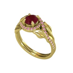 İkili Vigo Yaprak Yüzük - Kök yakut ve pembe kuvars 14 ayar altın yüzük #1gbek69