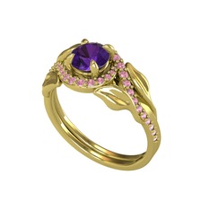 İkili Vigo Yaprak Yüzük - Ametist ve pembe kuvars 18 ayar altın yüzük #1visf11