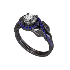 İkili Vigo Yaprak Yüzük - Beyaz zirkon ve lab safir 925 ayar siyah rodyum kaplama gümüş yüzük #1wq60k2