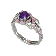 İkili Vigo Yaprak Yüzük - Ametist ve pembe kuvars 14 ayar beyaz altın yüzük #84ycl5