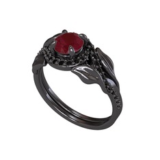 İkili Vigo Yaprak Yüzük - Kök yakut ve siyah zirkon 925 ayar siyah rodyum kaplama gümüş yüzük #e0g9eg