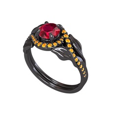 İkili Vigo Yaprak Yüzük - Rodolit garnet ve sitrin 925 ayar siyah rodyum kaplama gümüş yüzük #e2rkyv