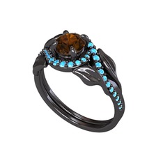 İkili Vigo Yaprak Yüzük - Dumanlı kuvars ve akuamarin 925 ayar siyah rodyum kaplama gümüş yüzük #e2sq6