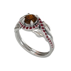 İkili Vigo Yaprak Yüzük - Dumanlı kuvars ve kök yakut 14 ayar beyaz altın yüzük #eq8zuu